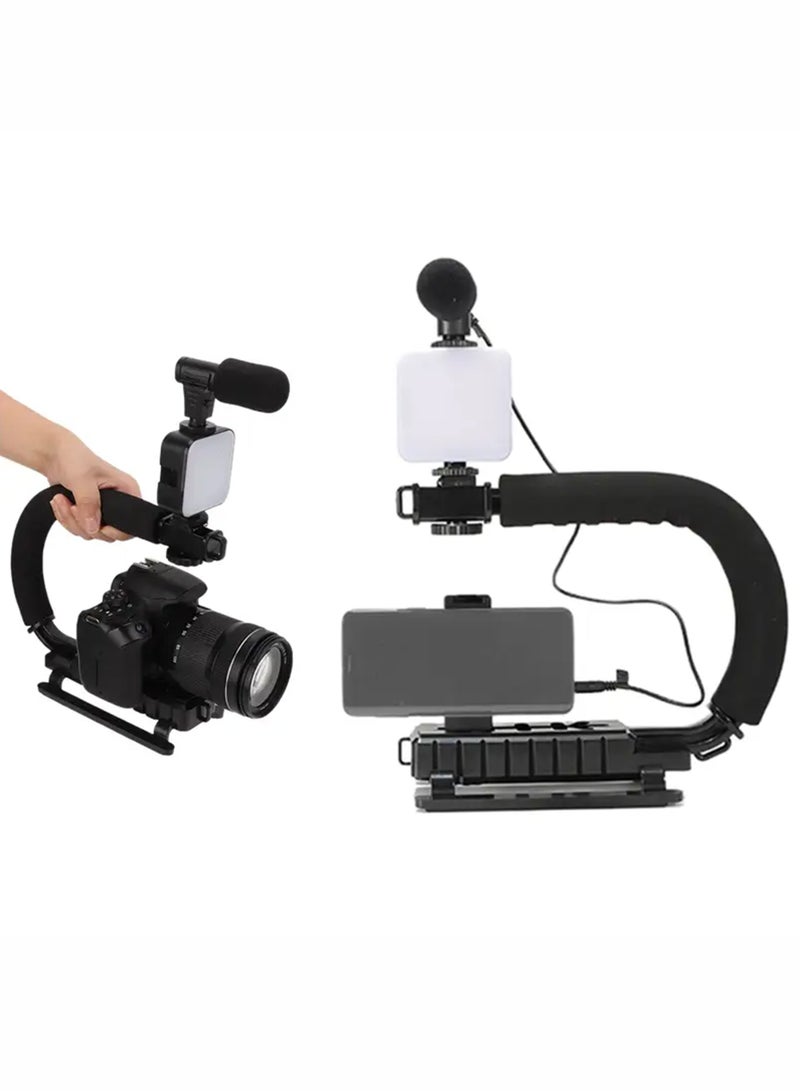 general Universal U/C-Shaped Handheld Video Rig Stabilizer Kit with LED Video Light, Cardioid Microphone, Adjustable Smartphone Holder, Remote Shutter  Cold Shoe Mount – Portable Vlogging Bracket for Y - Image 1