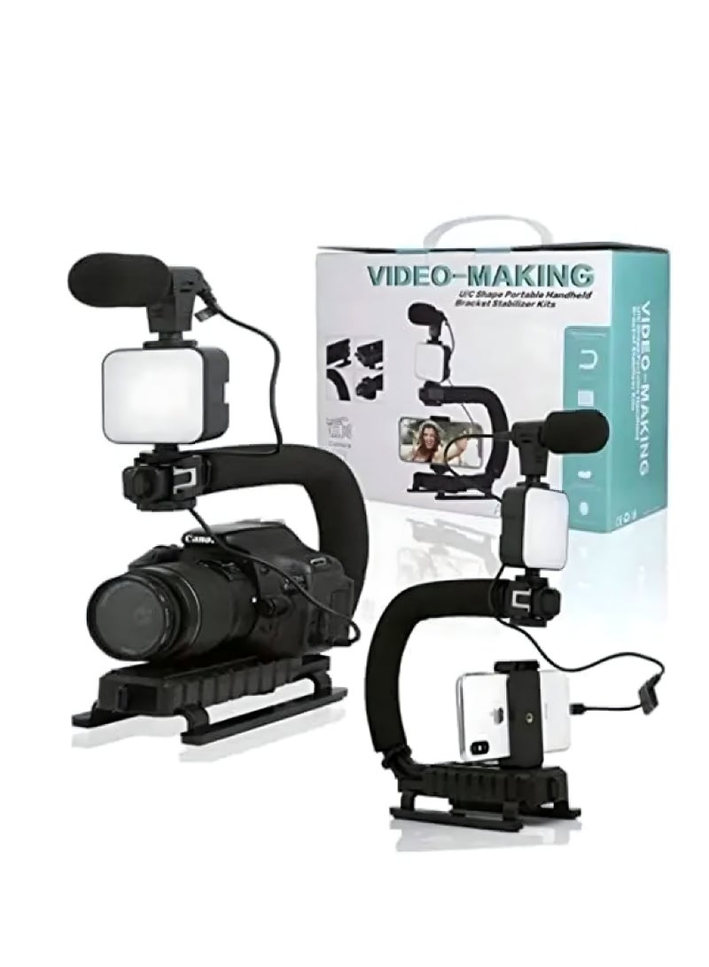 general Universal U/C-Shaped Handheld Video Rig Stabilizer Kit with LED Video Light, Cardioid Microphone, Adjustable Smartphone Holder, Remote Shutter  Cold Shoe Mount – Portable Vlogging Bracket for Y - Image 4