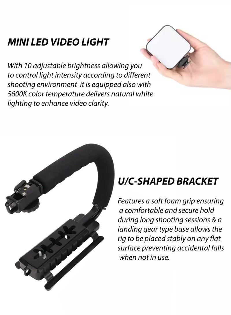 general Universal U/C-Shaped Handheld Video Rig Stabilizer Kit with LED Video Light, Cardioid Microphone, Adjustable Smartphone Holder, Remote Shutter  Cold Shoe Mount – Portable Vlogging Bracket for Y - Image 3