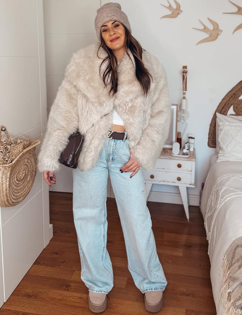 Flygo Women's Faux Fur Coat Fluffy Faux Fur Jacket Long Sleeve Lapel Furry Winter Jackets Shaggy Parka Short Coat(Beige-S) - Image 2