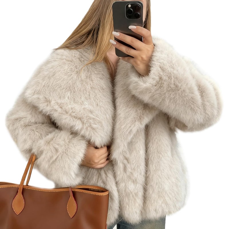 Flygo Women's Faux Fur Coat Fluffy Faux Fur Jacket Long Sleeve Lapel Furry Winter Jackets Shaggy Parka Short Coat(Beige-S) - Image 1