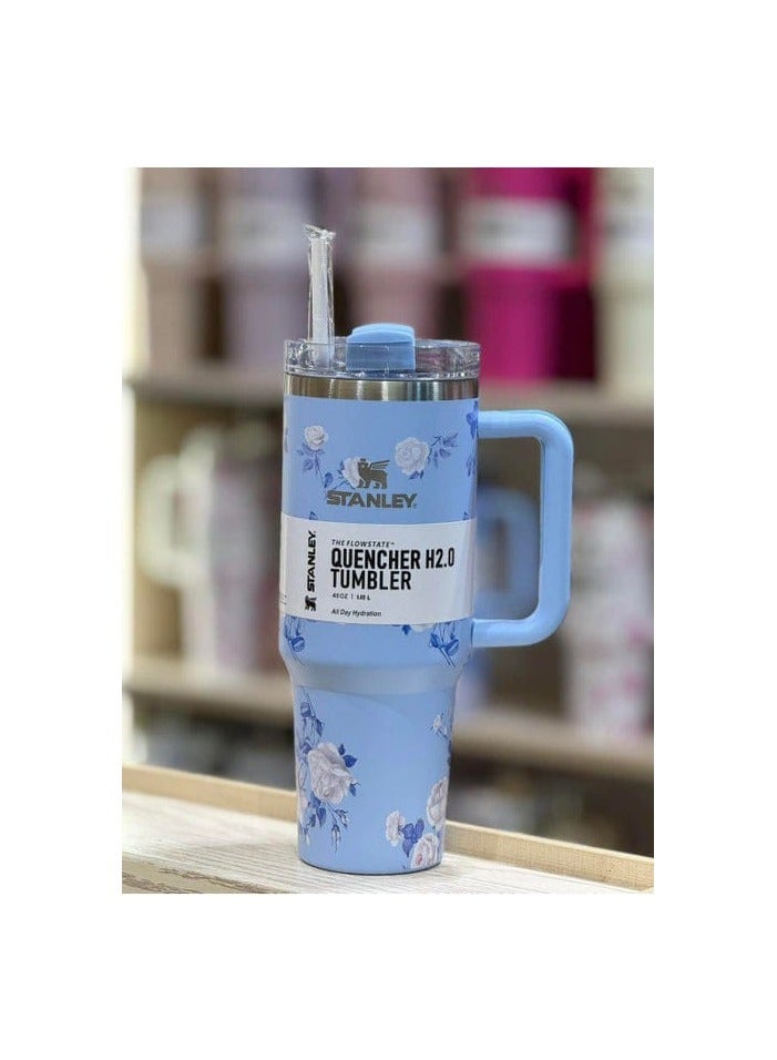 Stanley Stanley Love Shack Fancy H2.0 Flow State 40oz Blue Rose Tumbler, Stainless Steel Vacuum Insulated Quencher with Lid, Straw, and Stopper, Ideal for Water and Iced Tea, Keeps Drinks Cold, Presented in Elegant Gift-Ready Packaging - Image 2