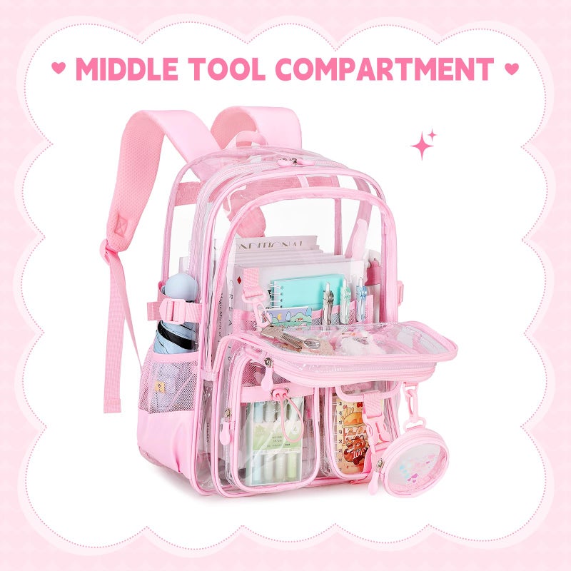 ASKSKY Clear Backpack for Girls School Clear Bookbag Stadium Events Heavy Duty Transparent Back Pack, Pink - Image 3