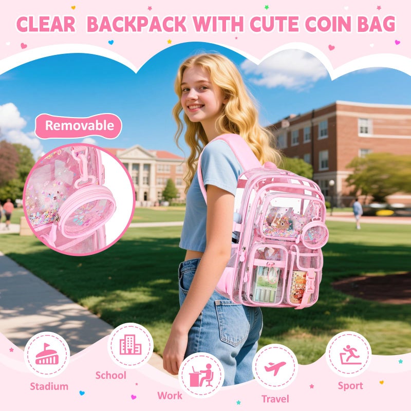 ASKSKY Clear Backpack for Girls School Clear Bookbag Stadium Events Heavy Duty Transparent Back Pack, Pink - Image 2