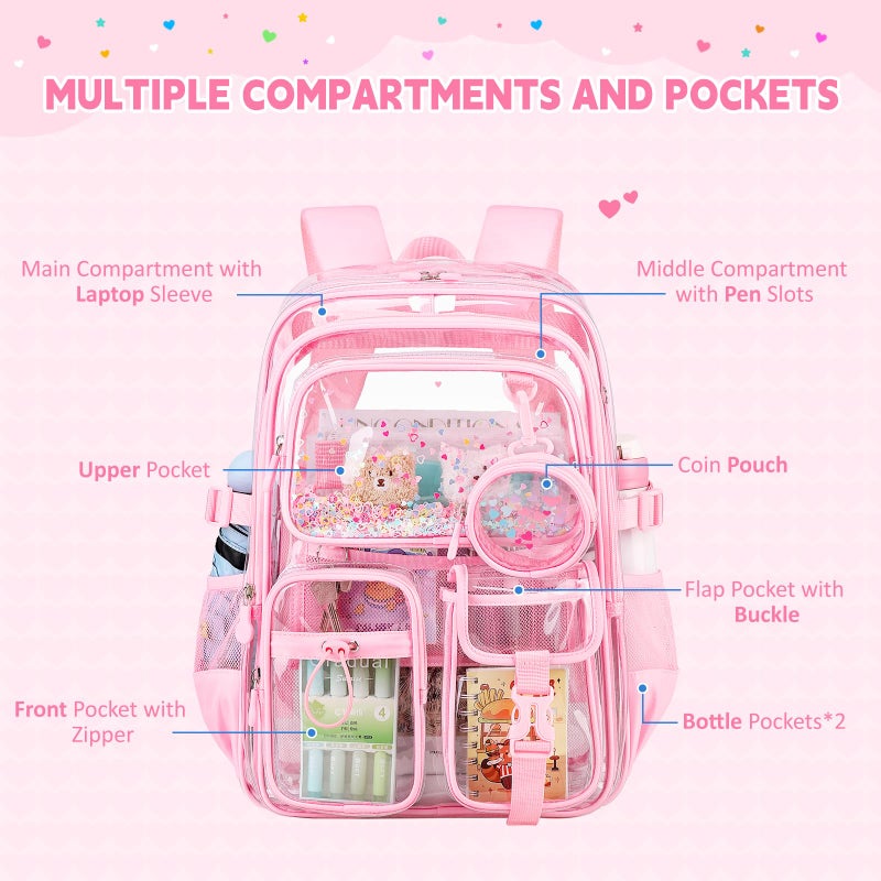 ASKSKY Clear Backpack for Girls School Clear Bookbag Stadium Events Heavy Duty Transparent Back Pack, Pink - Image 5