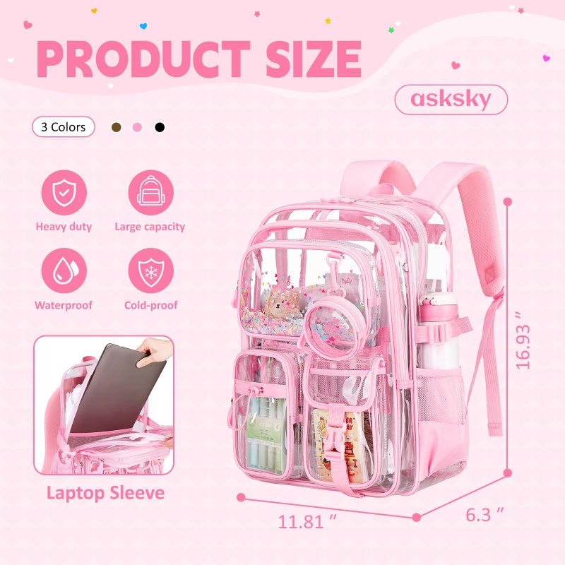 ASKSKY Clear Backpack for Girls School Clear Bookbag Stadium Events Heavy Duty Transparent Back Pack, Pink - Image 4