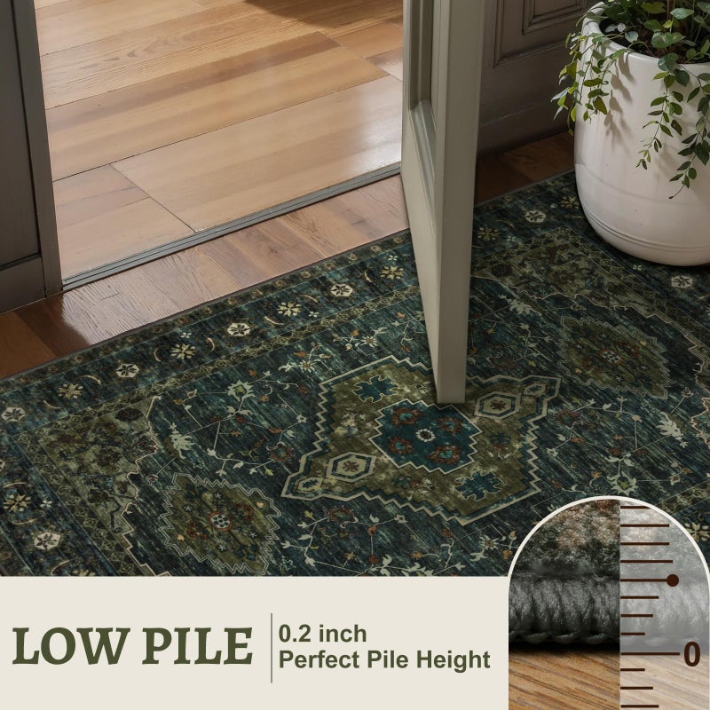 Tangsoo 2x6 Green Washable Runner Rug for Hallways, Non Slip Vintage Runner Rug, Soft Low Pile Long Rug Runner, Print Carpet Runners for Kitchen Bedroom Entryway Bathroom Living Room Olive Green - Image 3