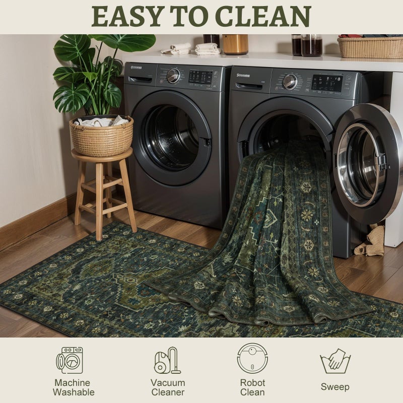Tangsoo 2x6 Green Washable Runner Rug for Hallways, Non Slip Vintage Runner Rug, Soft Low Pile Long Rug Runner, Print Carpet Runners for Kitchen Bedroom Entryway Bathroom Living Room Olive Green - Image 5