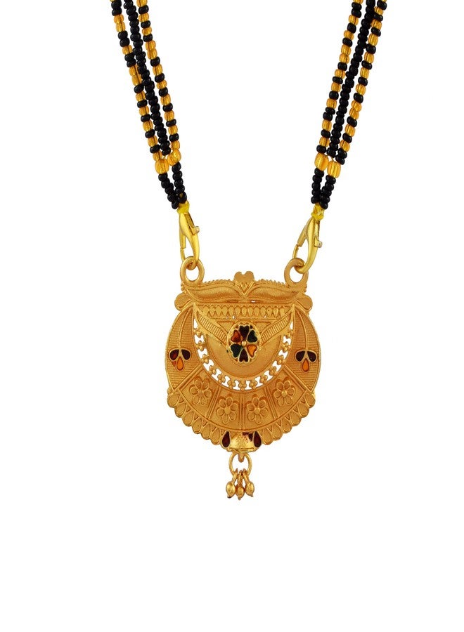 morir Elegant Gold-Plated Floral Mangalsutra with Enamel Accents & Black Beads - Image 1