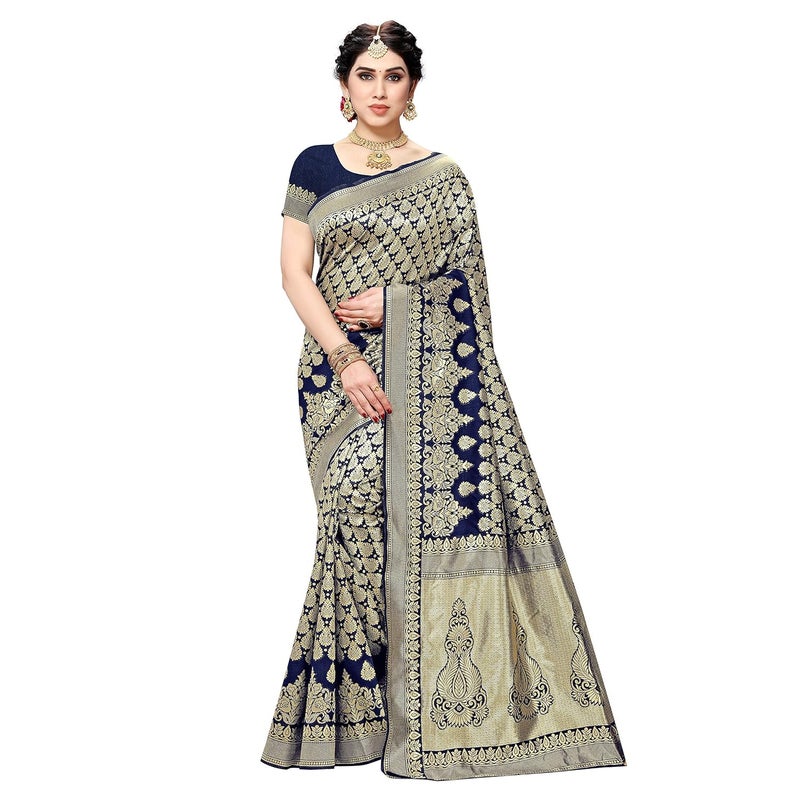 Sidhidata Women's Jacquard Silk Saree with Blouse Piece - Traditional Kalamkari Design - Image 1