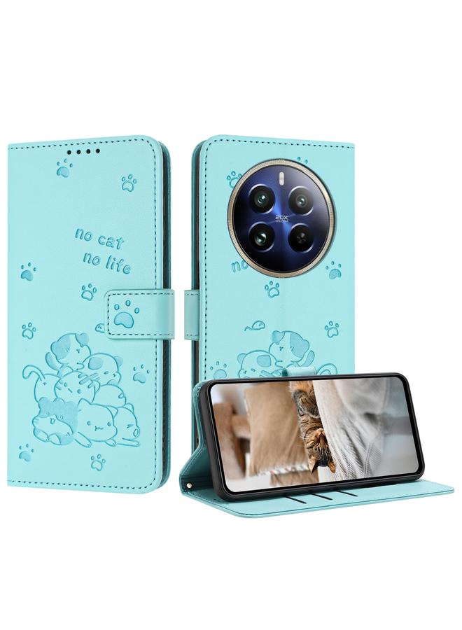 erorex Case For Realme 12+ 5G Global / 12 4G Embossed Kitten Phone Leather Case with Lanyard - Image 1