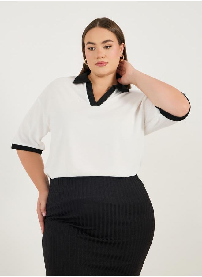 Styli Plus Size Contrast Trim Boxy Fit Collared Polo T-shirt  - Image 1