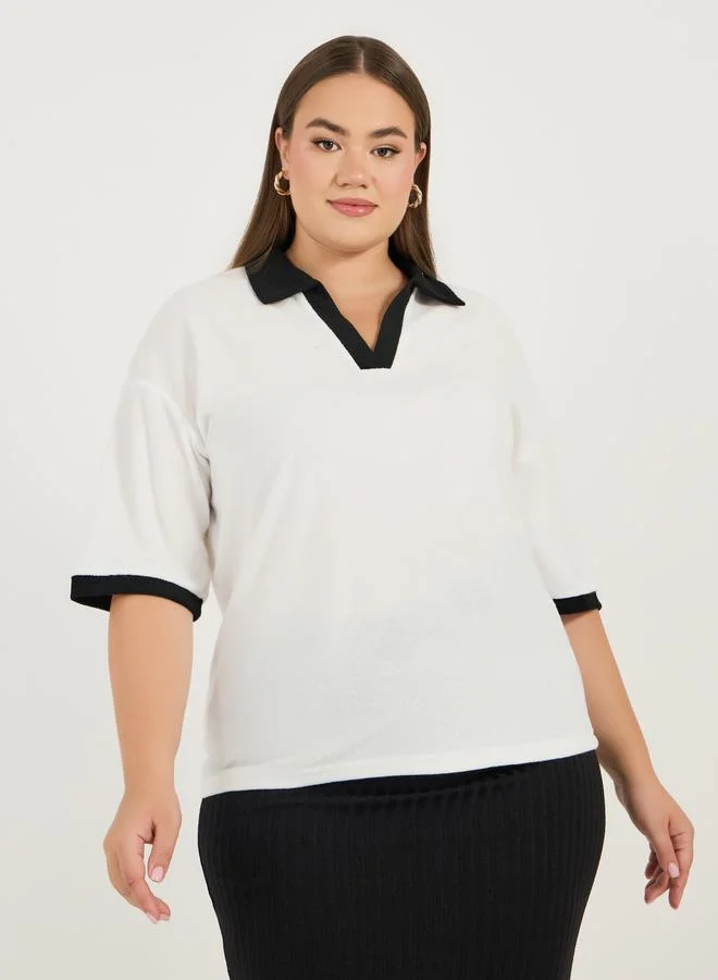Styli Plus Size Contrast Trim Boxy Fit Collared Polo T-shirt