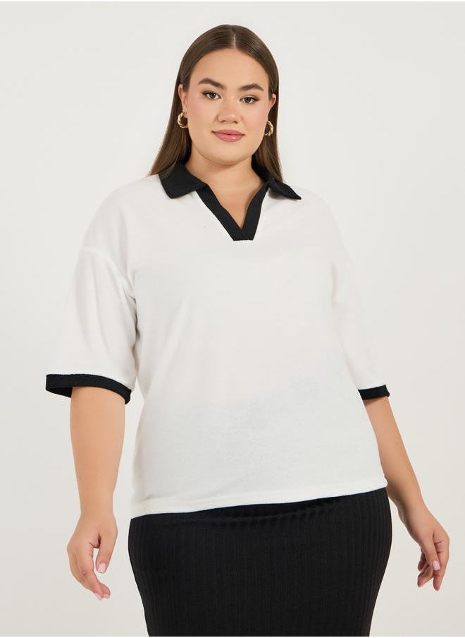 Styli Plus Size Contrast Trim Boxy Fit Collared Polo T-shirt  - Image 3