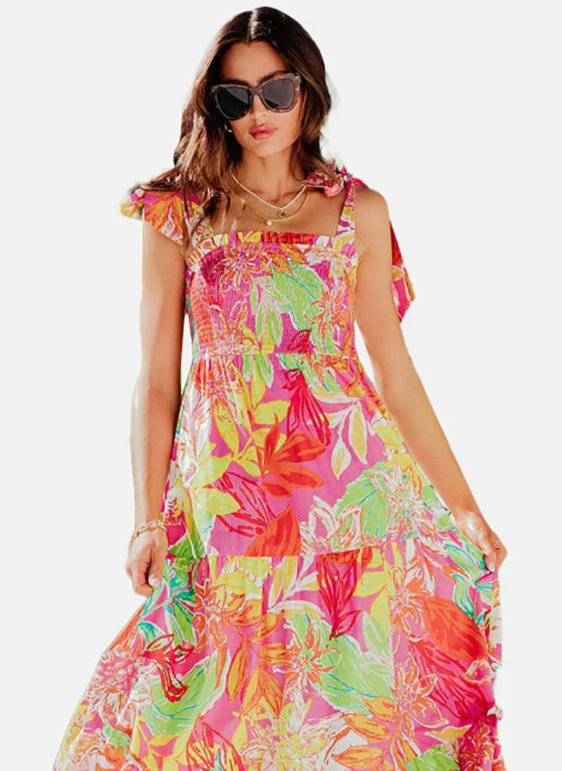 YUNIQEE Pink Floral Printed Smocked Maxi Dress