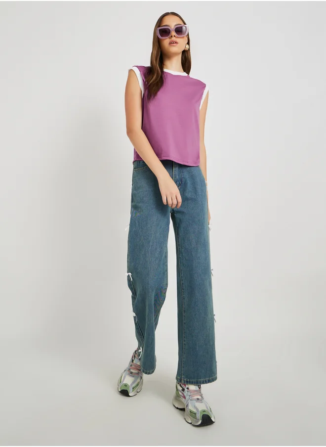 Styli Solid Sleeveless Rib Contrast Trim T-Shirt