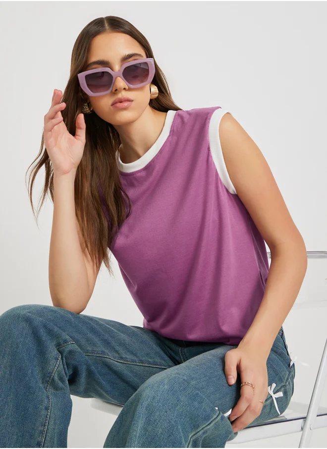 Styli Solid Sleeveless Rib Contrast Trim T-Shirt