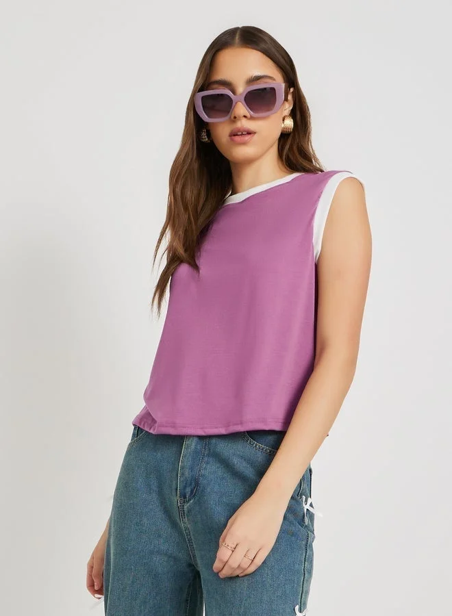Take Two Solid Sleeveless Rib Contrast Trim T-Shirt