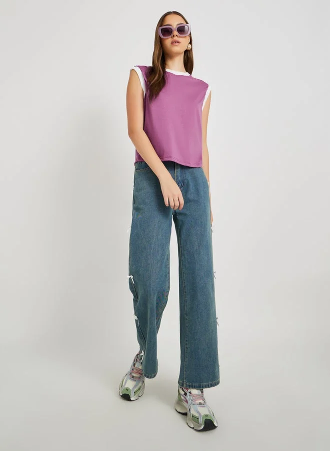 Take Two Solid Sleeveless Rib Contrast Trim T-Shirt