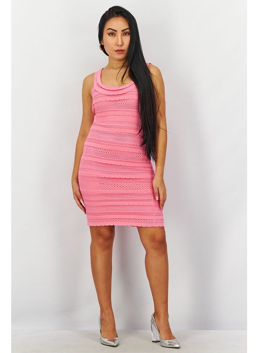 French Connection - Women Eyelet Sleeveless Ruffles Neck Mini Dress, Pink - Image 1