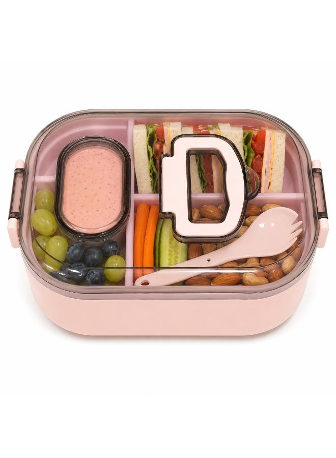 2-Tier Bento Lunch Box with Compartments, Sauce Container and Spoon Fork, Transparent Secure Lid with Carry Handle, Microwave Safe Without Lid, BPA-Free for School and Work - Pink - Image 2