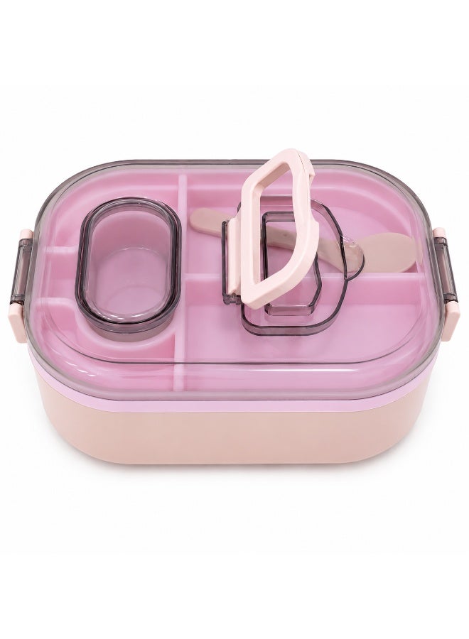 2-Tier Bento Lunch Box with Compartments, Sauce Container and Spoon Fork, Transparent Secure Lid with Carry Handle, Microwave Safe Without Lid, BPA-Free for School and Work - Pink - Image 3