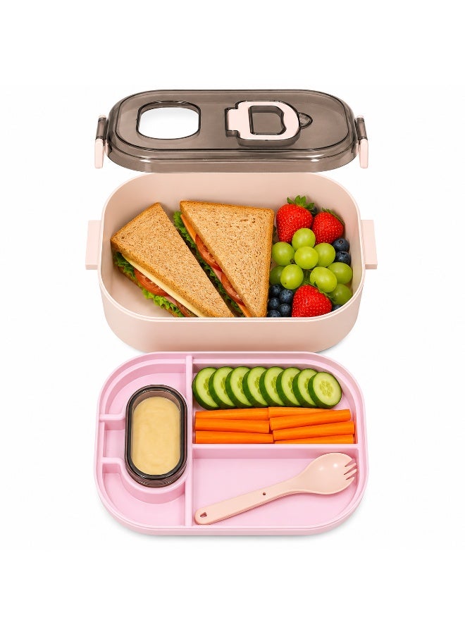 2-Tier Bento Lunch Box with Compartments, Sauce Container and Spoon Fork, Transparent Secure Lid with Carry Handle, Microwave Safe Without Lid, BPA-Free for School and Work - Pink - Image 5