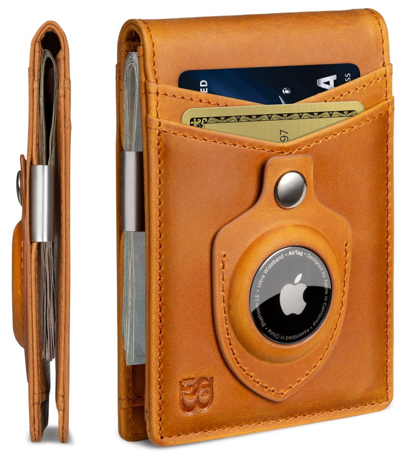 SERMAN BRANDS AirTag Wallet - RFID Blocking Mens Minimalist Money Clip Wallet for Airtag - Full Grain Leather - Slim Bifold. Front Pocket Apple Air tag Wallets for men. Gift CA Desert Transformer Air - Image 1