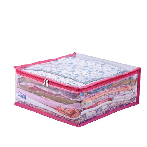 MBW Clothes Organiser for Wardrobe, Saree Covers with zip, Saree Organizer for Wardrobe, Clothes Storage Bag, Saree Bags Storage, Saree Covers for Storage, Transparent (Pink - Pack of 3) - Image 2