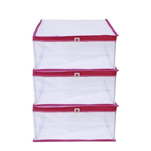 MBW Clothes Organiser for Wardrobe, Saree Covers with zip, Saree Organizer for Wardrobe, Clothes Storage Bag, Saree Bags Storage, Saree Covers for Storage, Transparent (Pink - Pack of 3) - Image 1