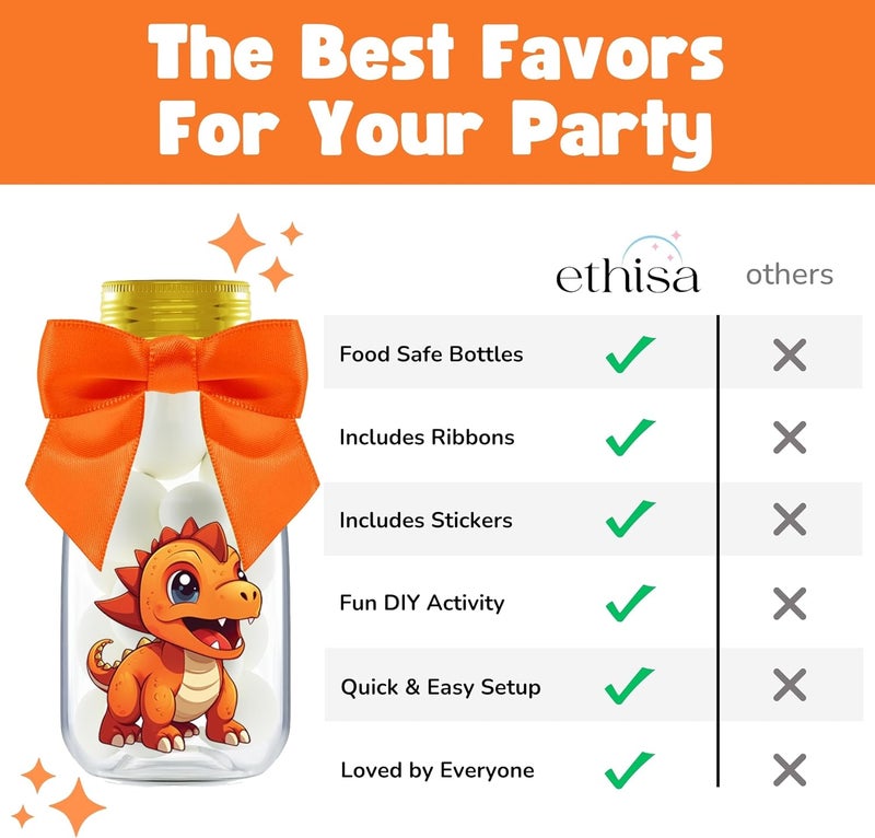 Ethisa Small 12 Pack Dinosaur Party Favors - DIY Candy Jars with Ribbons and Stickers - Party Decoration Bottles for Birthday, Baby Shower and School Classroom - Dinosaur Table Centerpiece for Kids - Image 5