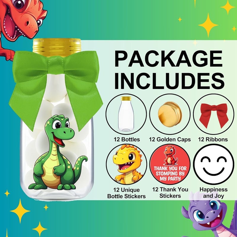 Ethisa Small 12 Pack Dinosaur Party Favors - DIY Candy Jars with Ribbons and Stickers - Party Decoration Bottles for Birthday, Baby Shower and School Classroom - Dinosaur Table Centerpiece for Kids - Image 2