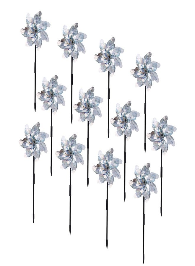 BATTIFE Reflective Pinwheels for Yard and Garden, Pre-Installed Sparkly Blind Birds Pin Wheel, Scare Birds & Animal Away Wind Spinner, 12 Pack (Silver) - Image 1