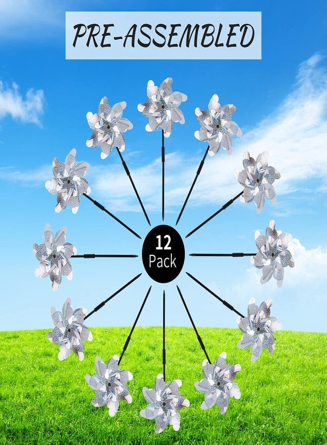 BATTIFE Reflective Pinwheels for Yard and Garden, Pre-Installed Sparkly Blind Birds Pin Wheel, Scare Birds & Animal Away Wind Spinner, 12 Pack (Silver) - Image 3
