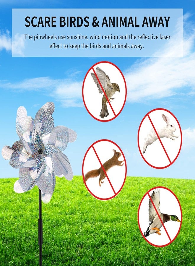 BATTIFE Reflective Pinwheels for Yard and Garden, Pre-Installed Sparkly Blind Birds Pin Wheel, Scare Birds & Animal Away Wind Spinner, 12 Pack (Silver) - Image 2
