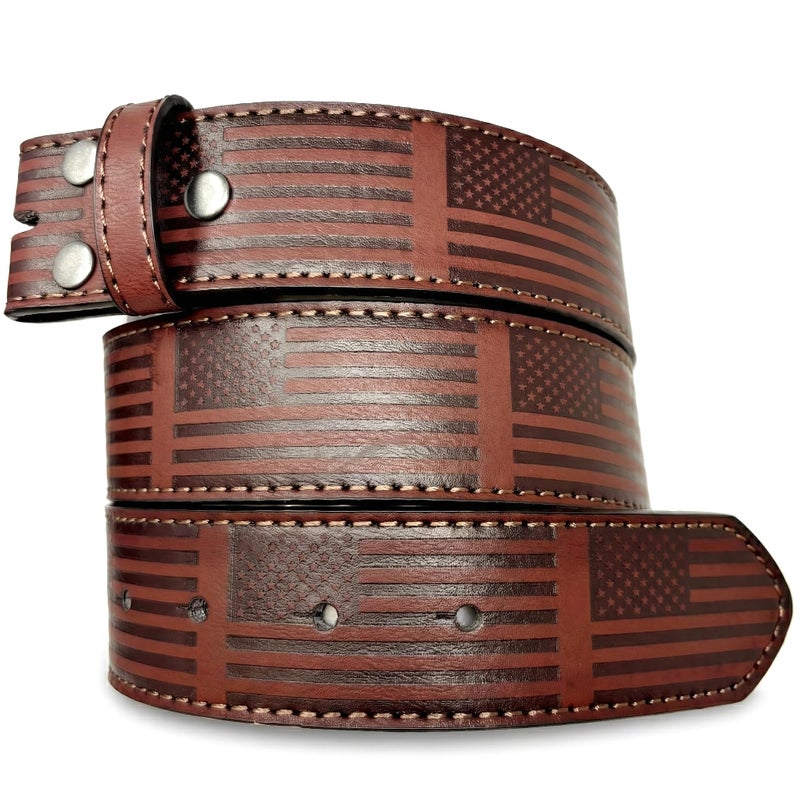 BC Belts Leather Belt Strap with American Flag Embossed Pattern 1.5" Wide with Snaps (Brown-M) - Image 1