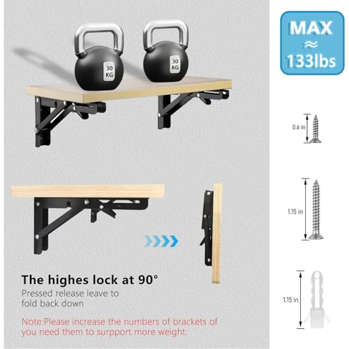 AUTOHJ Folding Shelf Bracket 12 inch 2PC Wall Mounted Collapsible Shelves Brackets Heavy Duty Foldable Workbench Bracket DIY Wall Table Hinges for RV Countertop Extension Gargage Workstation Table Supports - Image 4