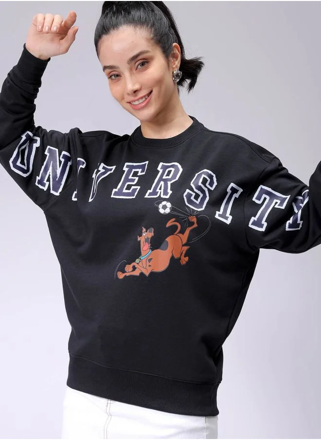 مرفوعة Women Boxy Black Printed Crew Neck Long Sleeve Sweatshirt