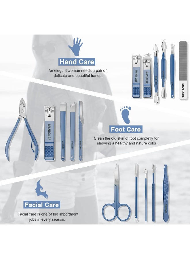 MANICURE 16 in 1Nail Clipper Manicure Set, Manicure Set Professional Nail Clippers Pedicure Kit,  Stainless Steel Nail Care Tools Grooming Kit with Luxurious Travel Leather Case for Thick Nails Men Women Gift (Blue) - Image 2