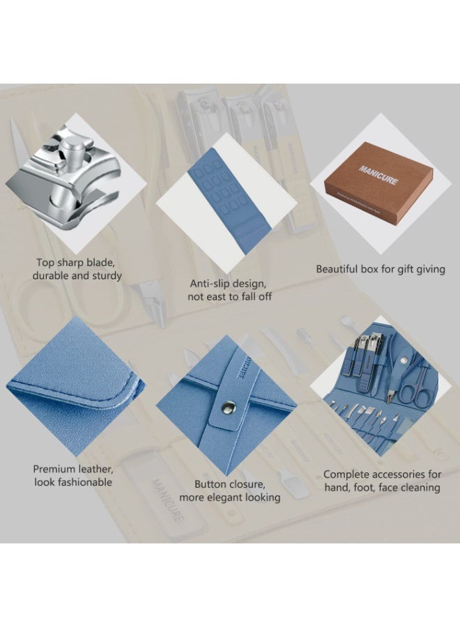 MANICURE 16 in 1Nail Clipper Manicure Set, Manicure Set Professional Nail Clippers Pedicure Kit,  Stainless Steel Nail Care Tools Grooming Kit with Luxurious Travel Leather Case for Thick Nails Men Women Gift (Blue) - Image 5