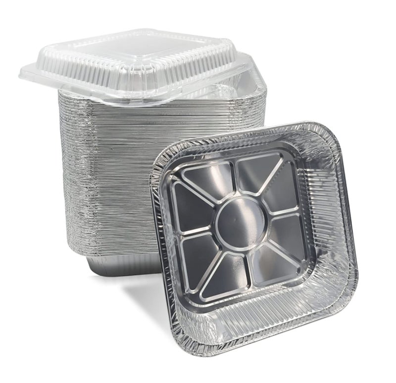 PRTTY 30 Pack 8â€ Ã— 8â€ Square Aluminum Baking Pans with Clear Plastic Lids,Disposable Aluminum Foil Pans Takeout Pans,Heavy Duty Recyclable Foil Food Containers Roasting Pans for Cooking,Heating,Storing. - Image 1