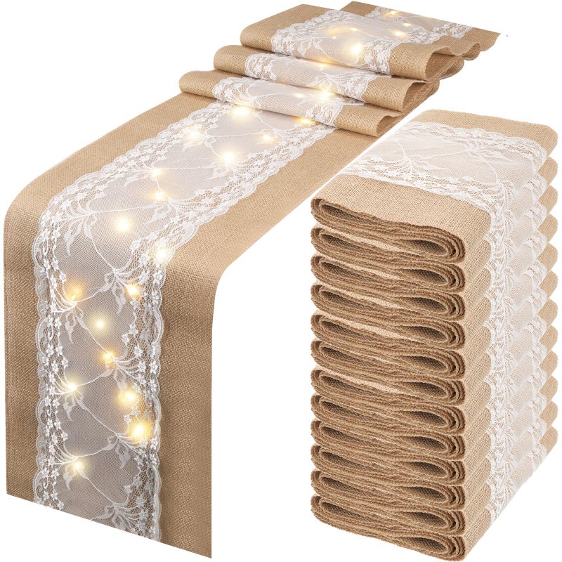 Xinnun 6 Pcs Burlap Table Runner with Lights 12 x 108 Inches Burlap Lace Table Runner Rustic Wedding Decorations Home Party Vine