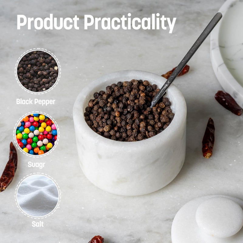 Koville Marble Salt Cellar with Lid 3.5" White, Stone Pepper Container & Spice Jars for Kitchen, Marble Salt and Pepper Holder, Stone Storage Box for Kitchen Counter, Spice Jar(Namib Fantasy White) - Image 5