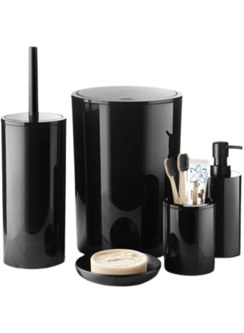 بريمانوفا مجموعة إكسسوارات الحمام البلاستيكية فلوريس المكونة من 5 قطع تتضمن سلة مهملات سعة 6 لتر وفرشاة مرحاض 18 × 18 × 25 سم وموزع صابون 10 × 10 × 23 سم وحامل فرشاة أسنان وطبق صابون بلاستيكي أسود - Image 1