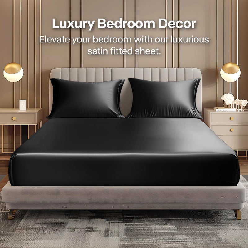 BEDELITE Satin Queen Fitted Sheet & Pillowcase Set - 3-Piece Luxury Soft Silk-Like with 1 Deep Pocket Fitted Sheet (Fits 15" Mattress) & 2 Pillowcases, Elastic Corner Straps (Black) - Image 2