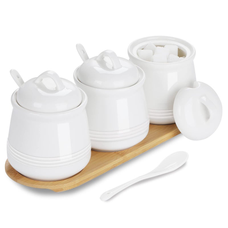 HAOTOP Porcelain Condiment Jar 3 Pack Set with Tray, 12 Ounces White - Image 1