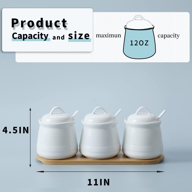 HAOTOP Porcelain Condiment Jar 3 Pack Set with Tray, 12 Ounces White - Image 3