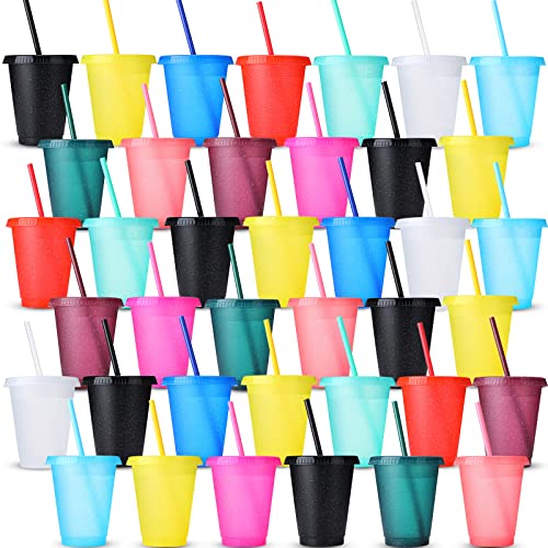Potchen 60 Pack Plastic Cups with Straws and Lids Reusable Kids Tumbler with Straw Water Bottle Iced Coffee Travel Mug Adults Plastic Cups 16 oz for Parties