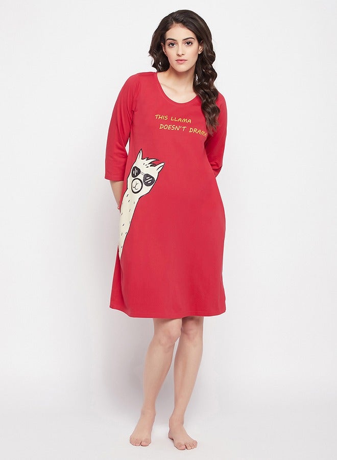 Clovia Clovia Print Me Pretty Long Sleep Tee in Red - 100% Cotton  - Image 2