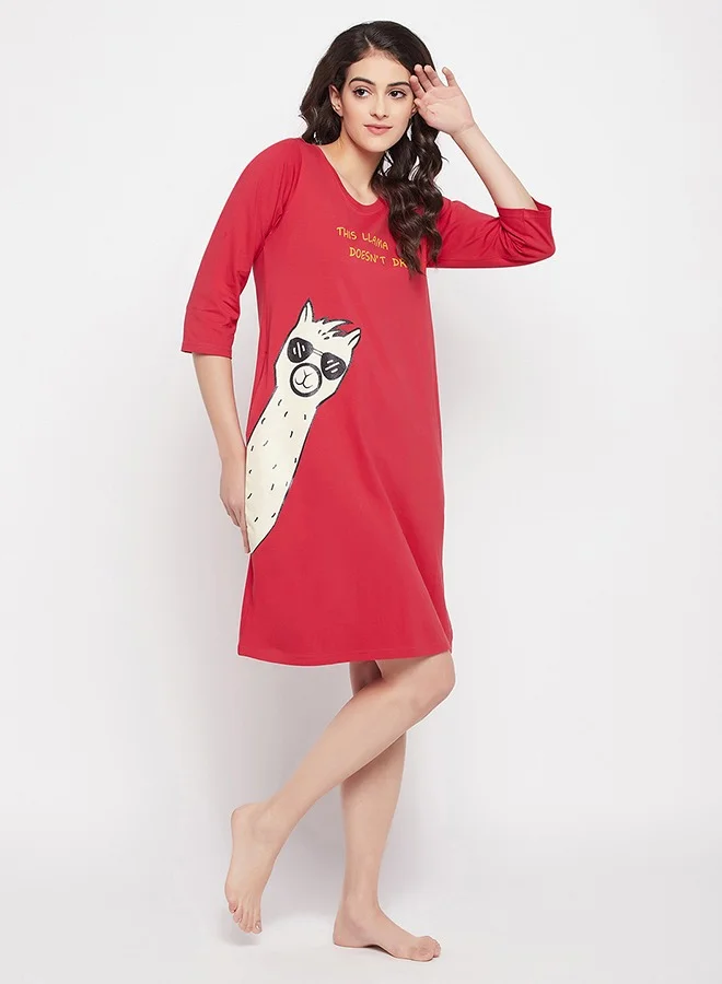 Clovia Clovia Print Me Pretty Long Sleep Tee in Red - 100% Cotton